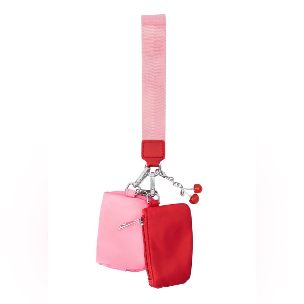 Double Purse Wristlet with Cherry Bag Charm - Dual Yoga Keychain Pouch